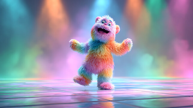 A colorful cartoon monster dancing on a vibrant stage with lights