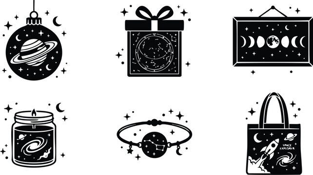 Black and white space themed icons with planets rocket and moon phases