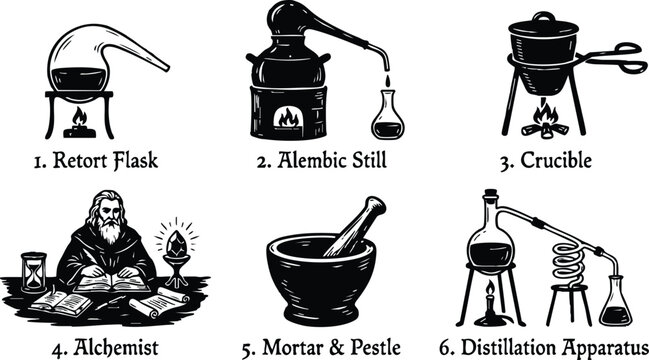 Black and white alchemist with retort flask alembic still crucible mortar and pestle distillation apparatus vector art