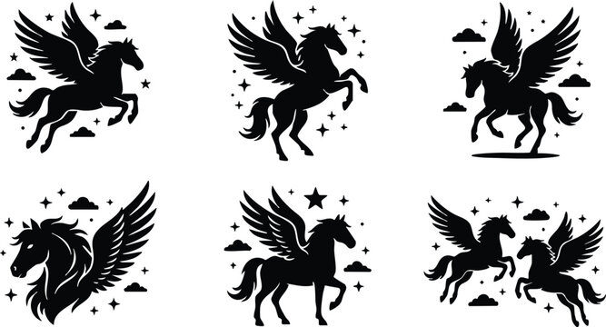 Black and white winged horse pegasus silhouettes with stars and clouds vector art