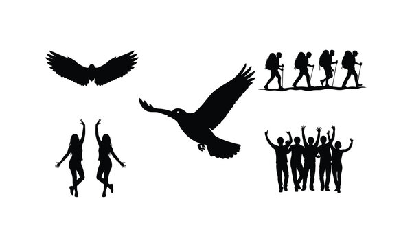 People vector illustration silhouette line art hikers dancers birds isolated white.