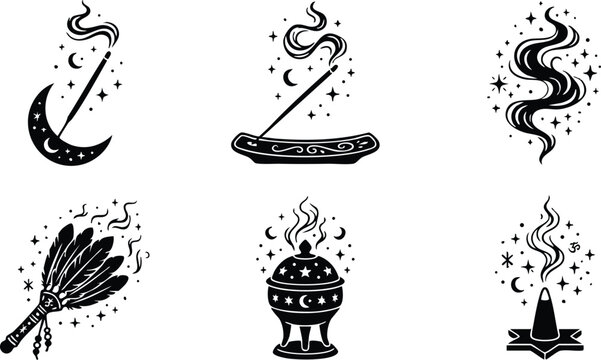 Black and white mystical incense sticks and smudging tools with smoke and celestial stars
