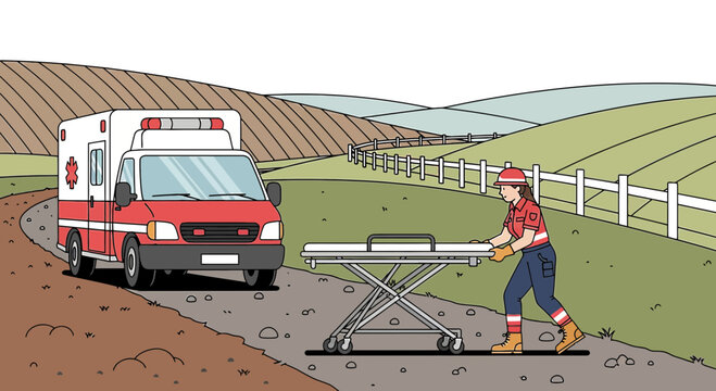 Paramedic Pushing Stretcher Towards Ambulance on Rural Road