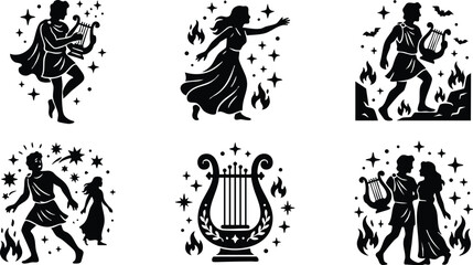 Fototapeta premium Black silhouette scenes of orpheus and eurydice with lyre flames and bats vector art