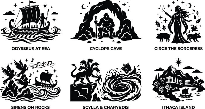 Odysseus at sea and mythical greek creatures scenes