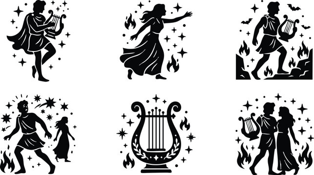 Black silhouette scenes of orpheus and eurydice with lyre flames and bats vector art