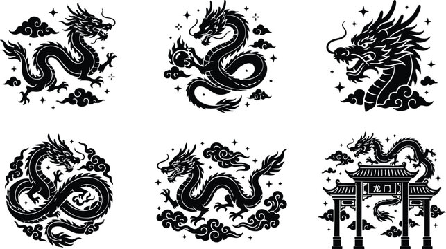 Black and white chinese dragon illustrations with clouds and traditional archway vector art