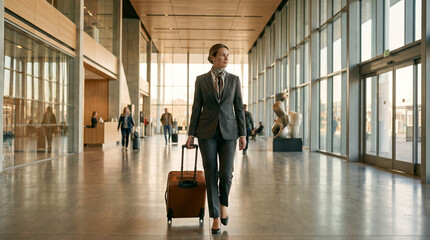 Fototapeta premium Ejecutivo elegante caminando por terminal de aeropuerto moderno con maleta de cabina, luz natural, arquitectura minimalista, estilo editorial aspiracional.