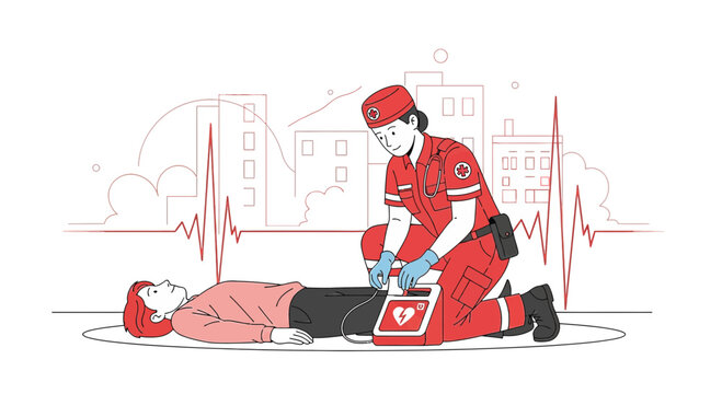 Paramedic performs CPR with AED on patient, emergency medical care in city
