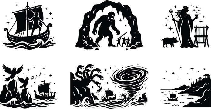 Black and white viking ship cyclops and sea monster mythological scenes vector art