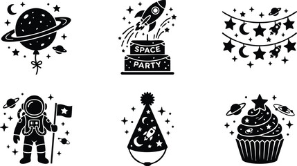 Fototapeta premium Black and white space party icons with rocket astronaut cupcake and decorations vector art
