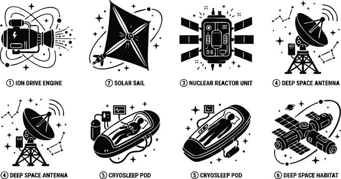 Black and white line art space technology icons including ion drive engine solar sail and cryosleep pod