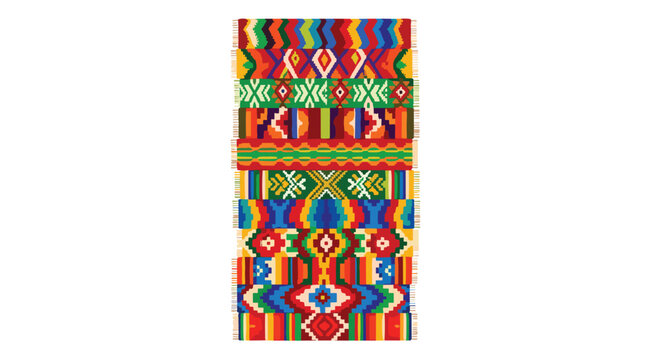 A vertical arrangement of narrow woven textiles showcases a vibrant spectrum of rainbow colors and complex pixelated geometric motifs against a white background.