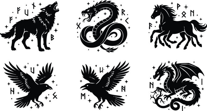 Black silhouette mythical animals and birds with ancient runes vector art