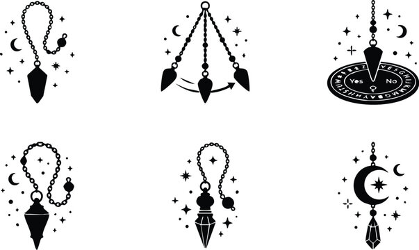Black and white set of pendulum and divination tools with stars and moon