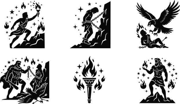 Greek mythology figures with fire and chains