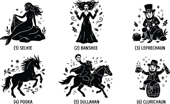 Black and white line art set of six irish mythical creatures including selkie banshee leprechaun pooka dullahan and clurichaun