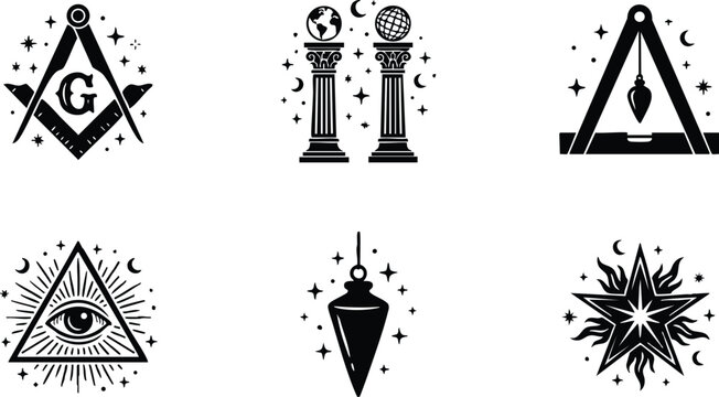 Black and white masonic symbols including compass g square pillars eye and star vector art