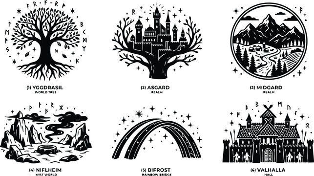 Black and white norse mythology realms with yggdrasil world tree and asgard castle vector art