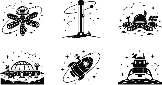 Space station rocket and lunar base elements