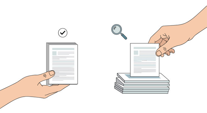 A detailed illustration shows one hand holding a stack of documents while another hand carefully selects a single paper under a magnifying glass for inspection.