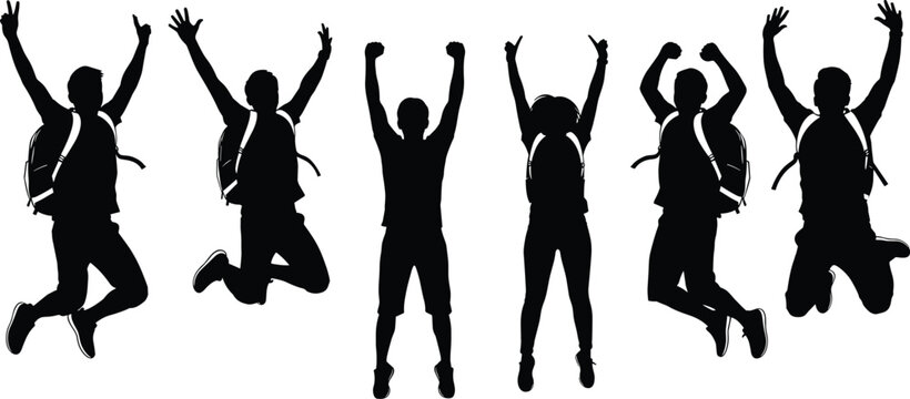 Silhouette of six happy backpackers jumping and cheering in the air celebrating a successful hiking trip or group travel adventure.