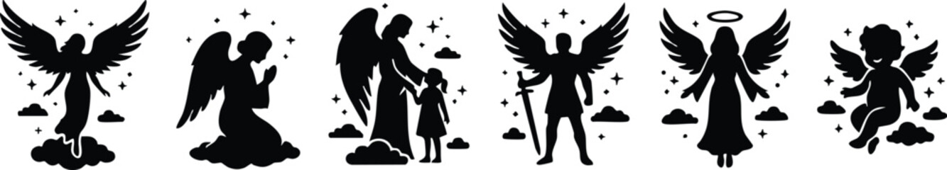 Obraz premium Black and white angel silhouette collection with wings halos and clouds vector art