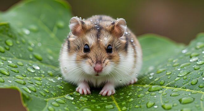 Cute Hamster Sitting on a Green Leaf with Water Droplets