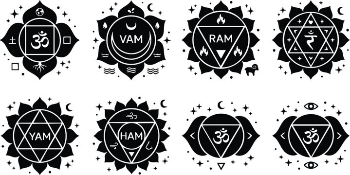 Black and white yantra chakra icons with om and mantra symbols vector art