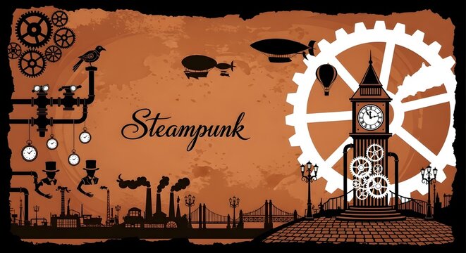 Steampunk Cityscape with Gears, Airships, and Clock Tower