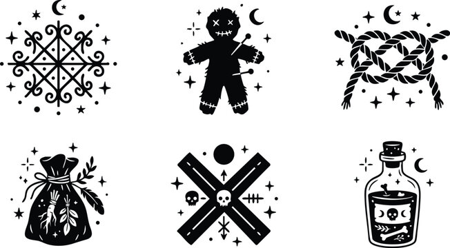 Black and white voodoo symbols with doll knot bag and potion bottle vector art