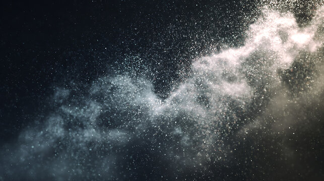 A cloud of white particles floating in a dark space with a gradient effect