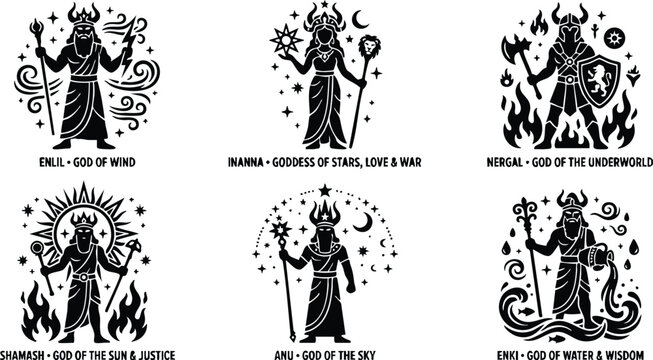 Ancient mesopotamian gods enlil inanna nergal shamash anu enki with symbolic attributes