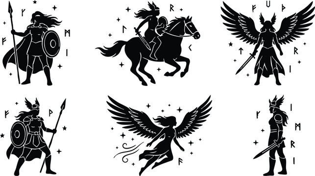 Black silhouette viking warrior with spear shield and helmet vector art set