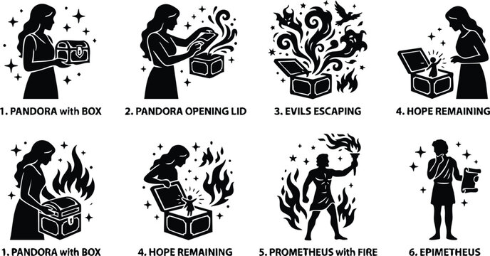 Black silhouette pandora opening fire box with evils escaping and hope remaining vector art