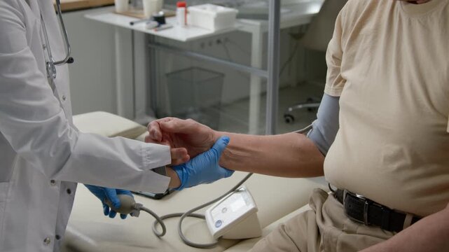 Cropped shot of female general practitioner putting blood pressure cuff around elderly mans arm while monitoring health signs during routine check up at clinic