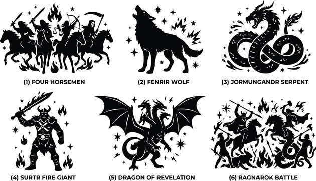Norse mythology figures including four horsemen fenrir wolf jormungandr serpent surtr fire giant dragon of revelation and ragnarok battle