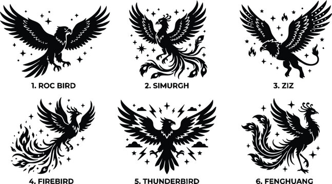 Black silhouette mythical birds set featuring roc bird simurgh ziz firebird thunderbird fenghuang illustration