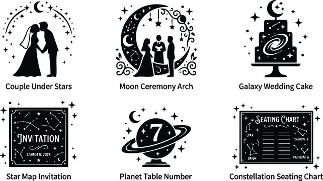 Black and white star map invitation with constellation seating chart and moon ceremony arch wedding elements