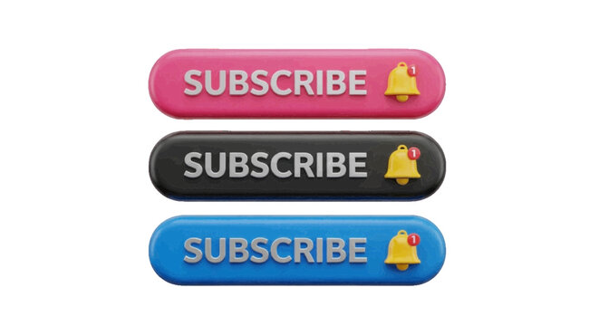 Vector illustration&nbsp;of 3d render of glossy subscribe buttons in pink, black, and blue colors on a transparent background