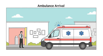 Fototapeta premium Ambulance Arrives at Building Entrance with Medical Professional Greeting
