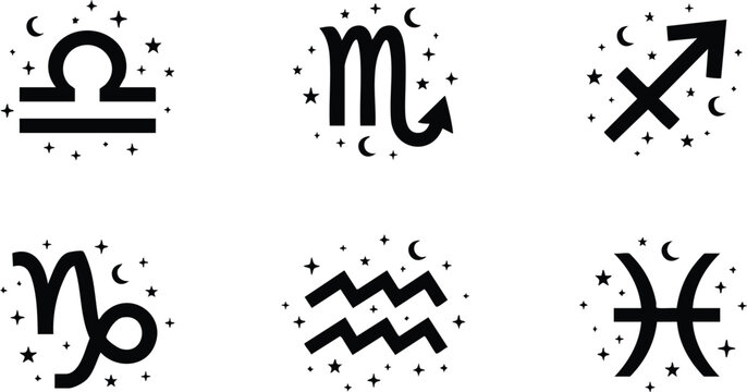 Black zodiac signs libra scorpio sagittarius capricorn aquarius pisces with stars and moons