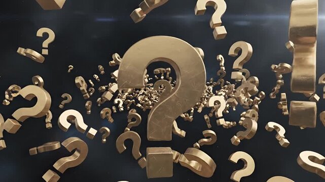 Golden Question Marks Floating and Spinning in Dark Space.