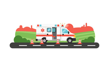 Fototapeta premium Ambulance with flashing lights on road, emergency scene with traffic cones, medical help