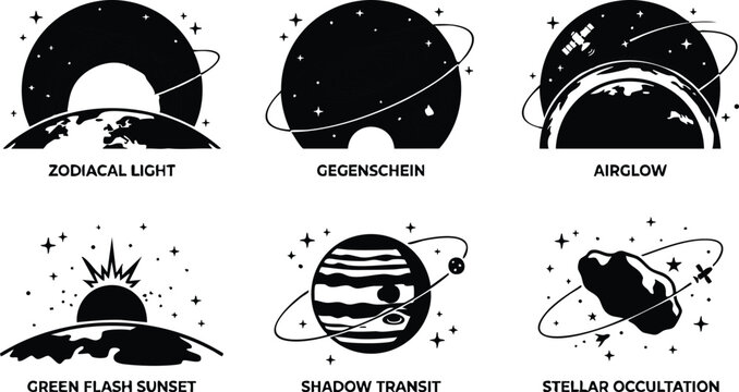 Black and white flat design celestial phenomena with earth planet space objects