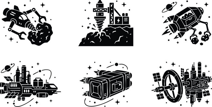 Futuristic space mining and spacecraft technology icons