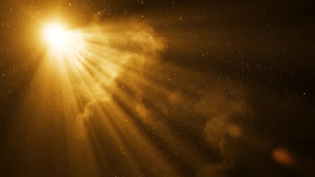 Golden Spotlight Beam Illuminating Dark Space with Dust Particles.