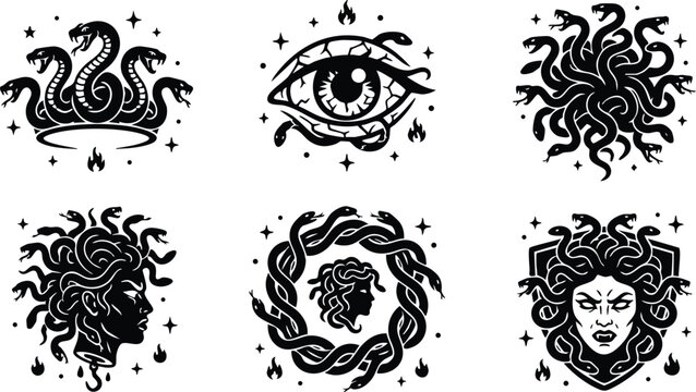 Black and white medusa head and hydra snake mythological creatures vector art set