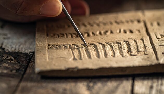 Close-up of a stylus point carving cuneiform script into a moist clay tablet, capturing ancient writing process.