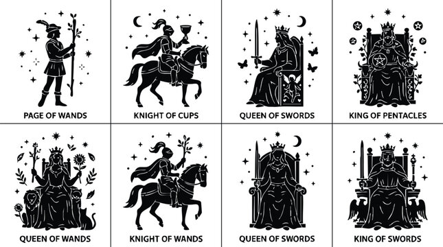 Black and white tarot card figures knight queen king with swords wands cups pentacles
